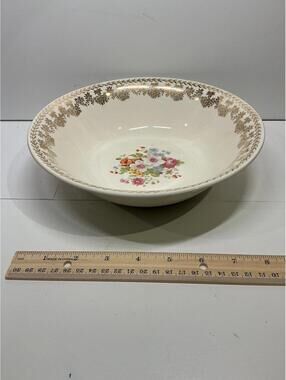 Vintage Floral Serving Bowl Gold Rim Large Ceramic 10” Cottage Style